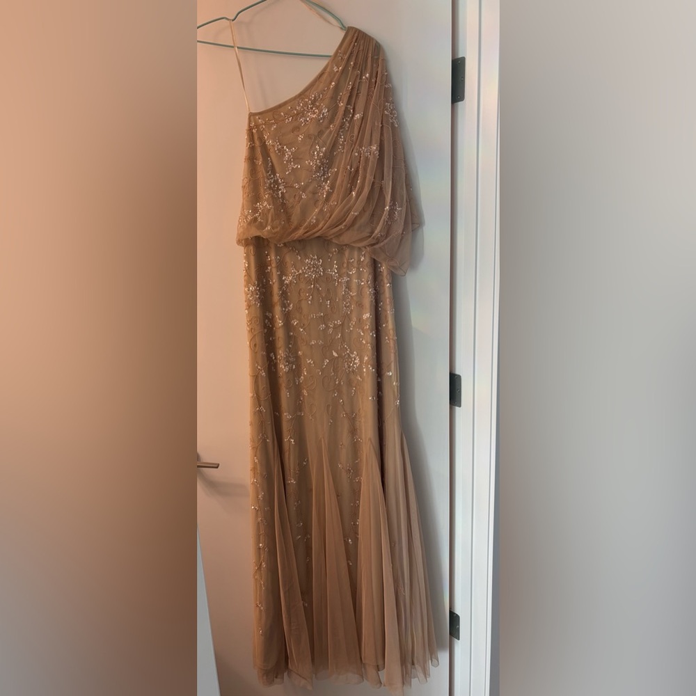 Adrianna Papell One-Shoulder Blush Beaded Gown size 12 - Picture 2 of 9